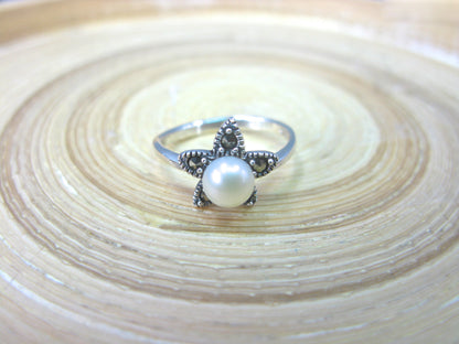 Star Marcasite Fresh Water Pearl 925 Sterling Silver Ring