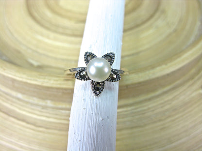 Star Marcasite Fresh Water Pearl 925 Sterling Silver Ring