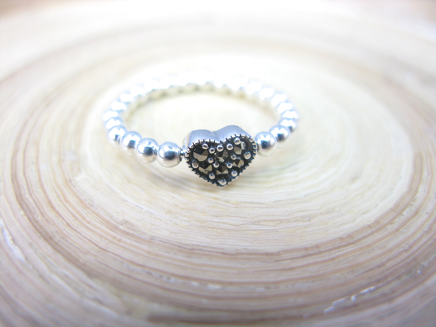 Heart Marcasite Eternity Ball Ring in 925 Sterling Silver