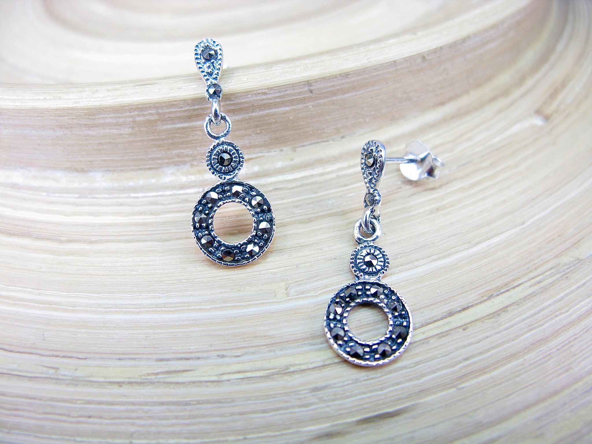 Round Circle Marcasite Earrings in 925 Sterling Silver