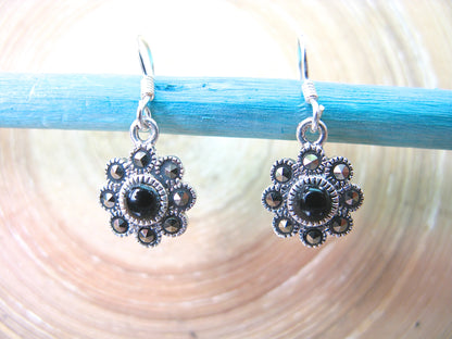 Flower Marcasite Onyx Dangle 925 Sterling Silver Earrings