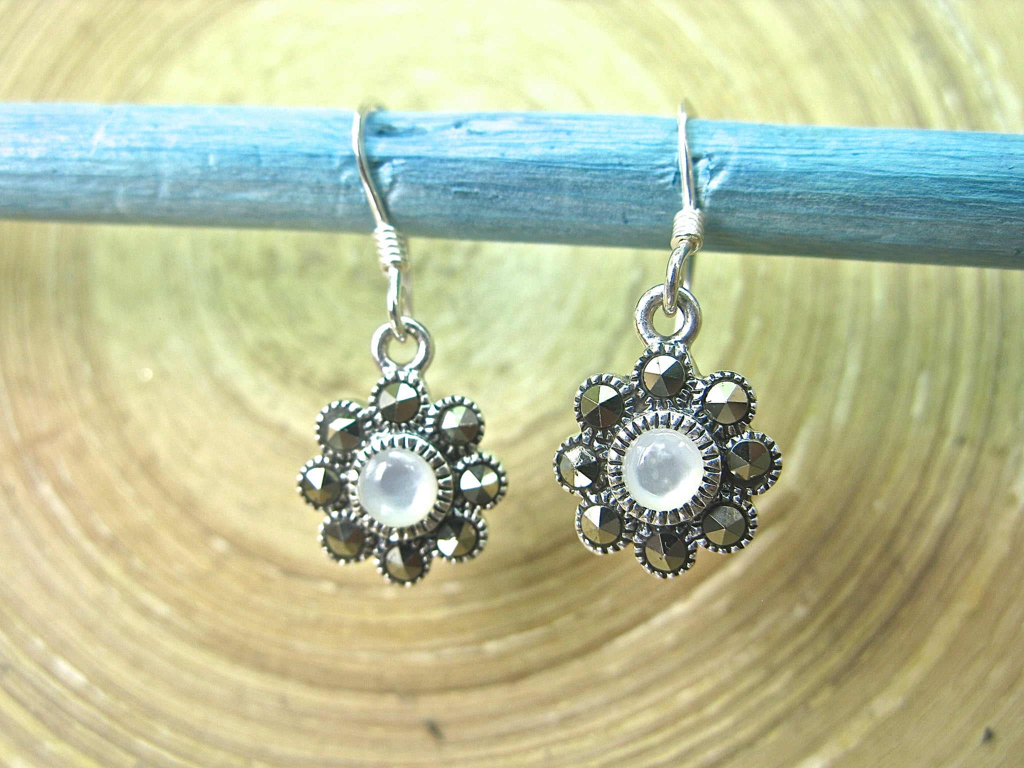 Flower Marcasite Mother of Pearl Dangle 925 Sterling Silver Earrings