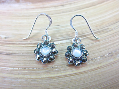 Flower Marcasite Mother of Pearl Dangle 925 Sterling Silver Earrings