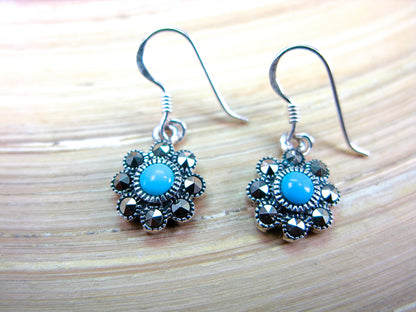 Flower Marcasite Turquoise Dangle 925 Sterling Silver Earrings