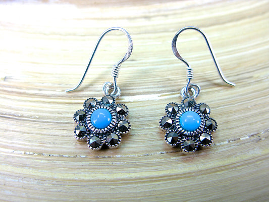 Flower Marcasite Turquoise Dangle 925 Sterling Silver Earrings