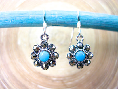 Flower Marcasite Turquoise Dangle 925 Sterling Silver Earrings