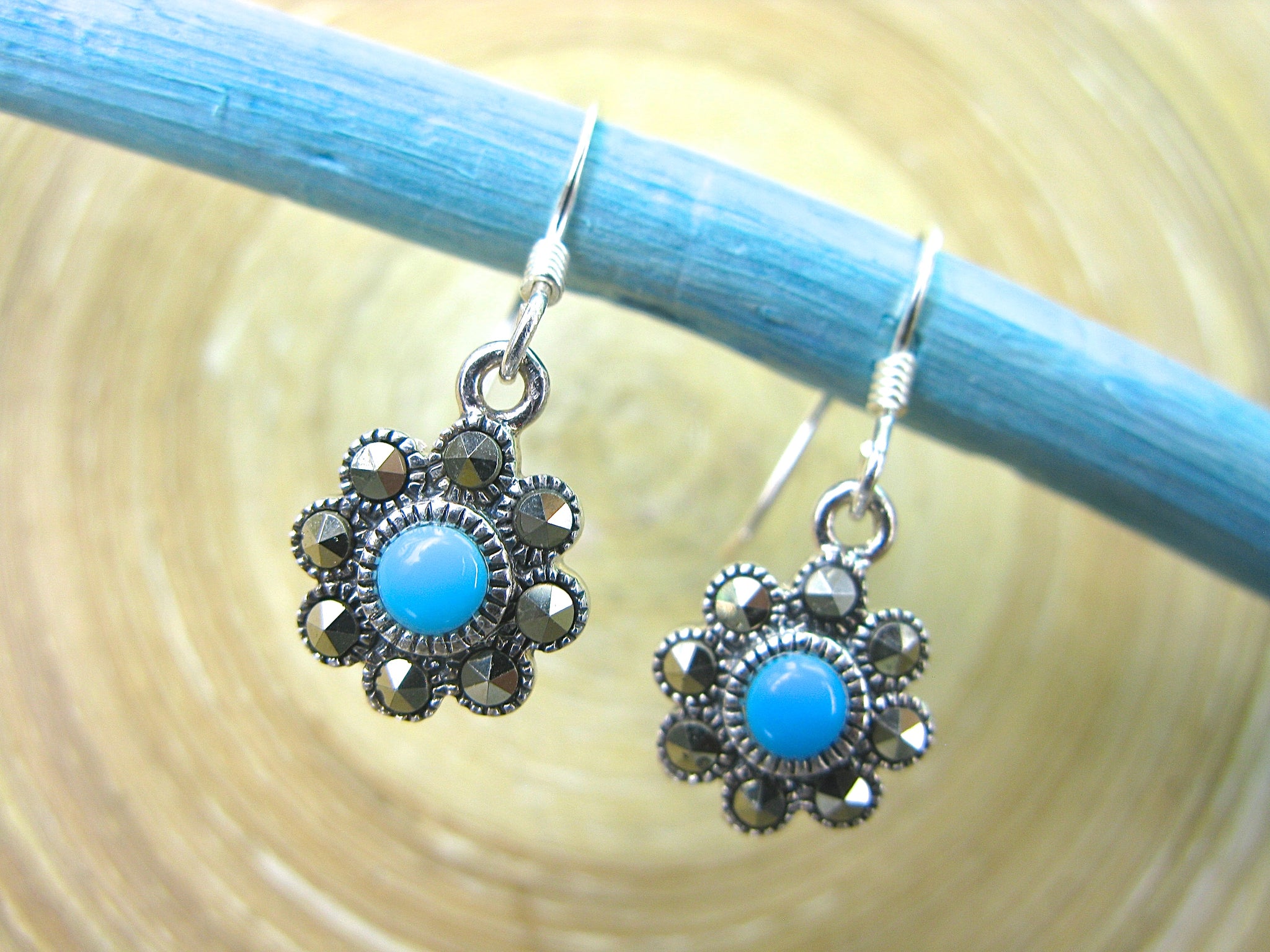 Flower Marcasite Turquoise Dangle 925 Sterling Silver Earrings