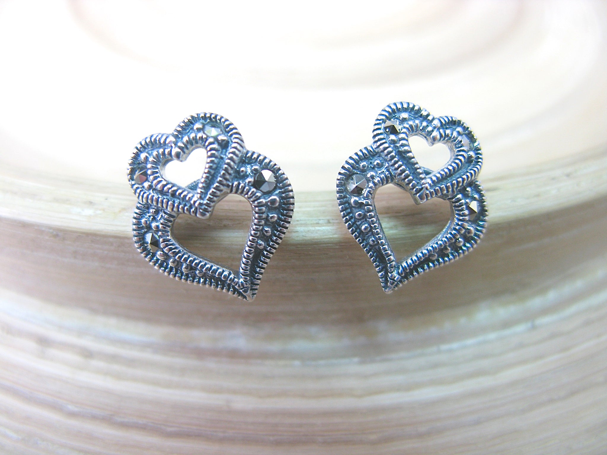 Double Heart Marcasite Stud Earrings in 925 Sterling Silver