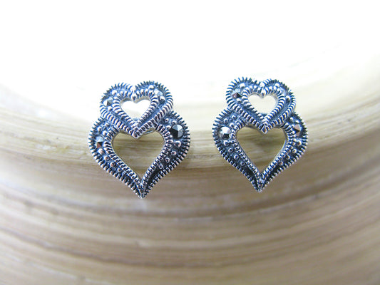 Double Heart Marcasite Stud Earrings in 925 Sterling Silver