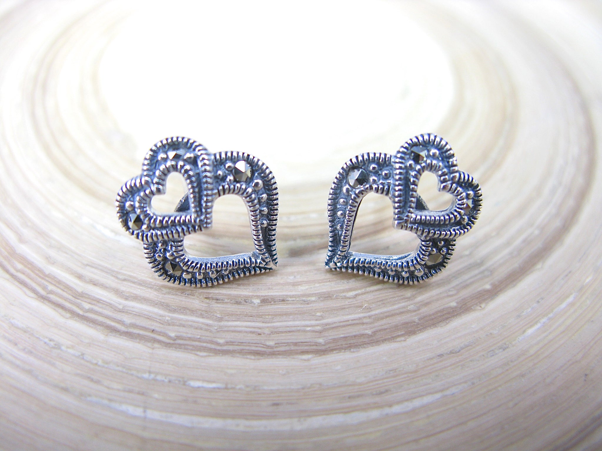 Double Heart Marcasite Stud Earrings in 925 Sterling Silver