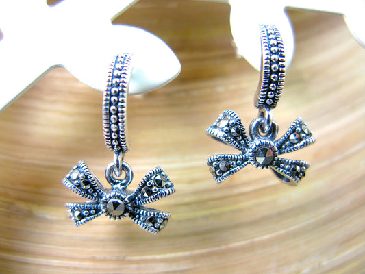 Ribbon Marcasite Dangle Earrings in 925 Sterling Silver