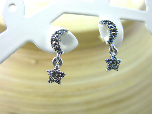 Moon Star Marcasite Earrings in 925 Sterling Silver