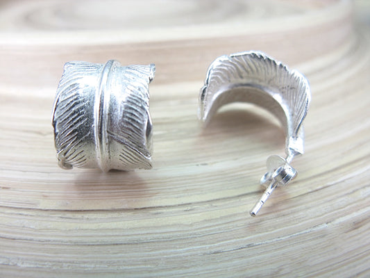 Leaf Feather Curved Post 925 Sterling Silver Earrings Stud - Faith Owl