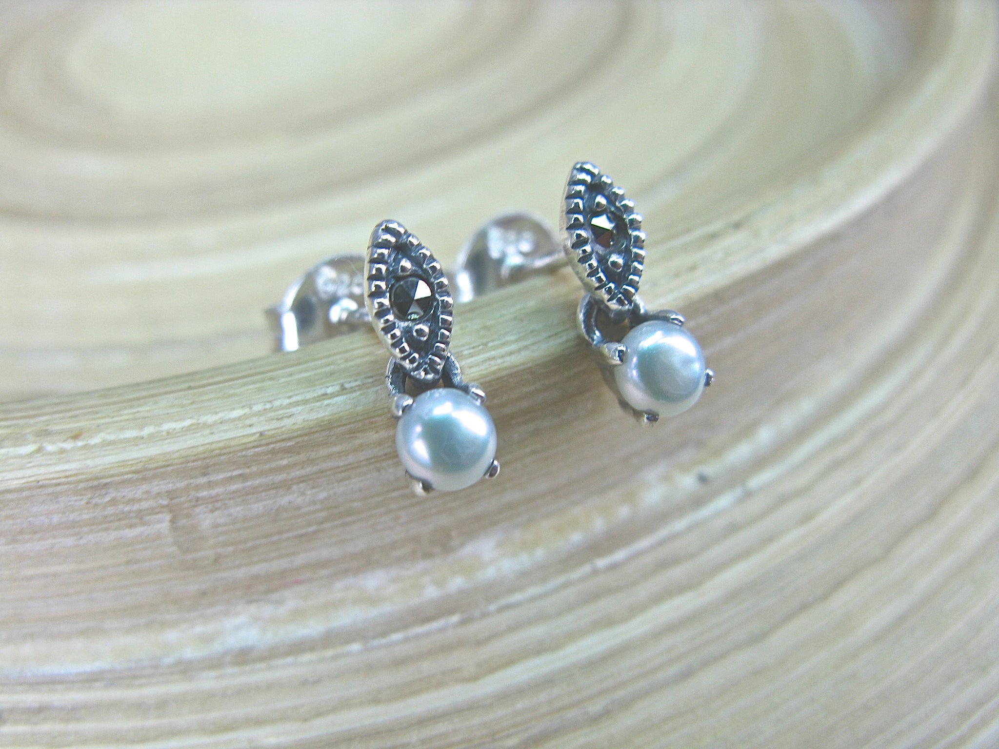 Marcasite Fresh Water Pearl Drop Sterling Silver Stud Earrings