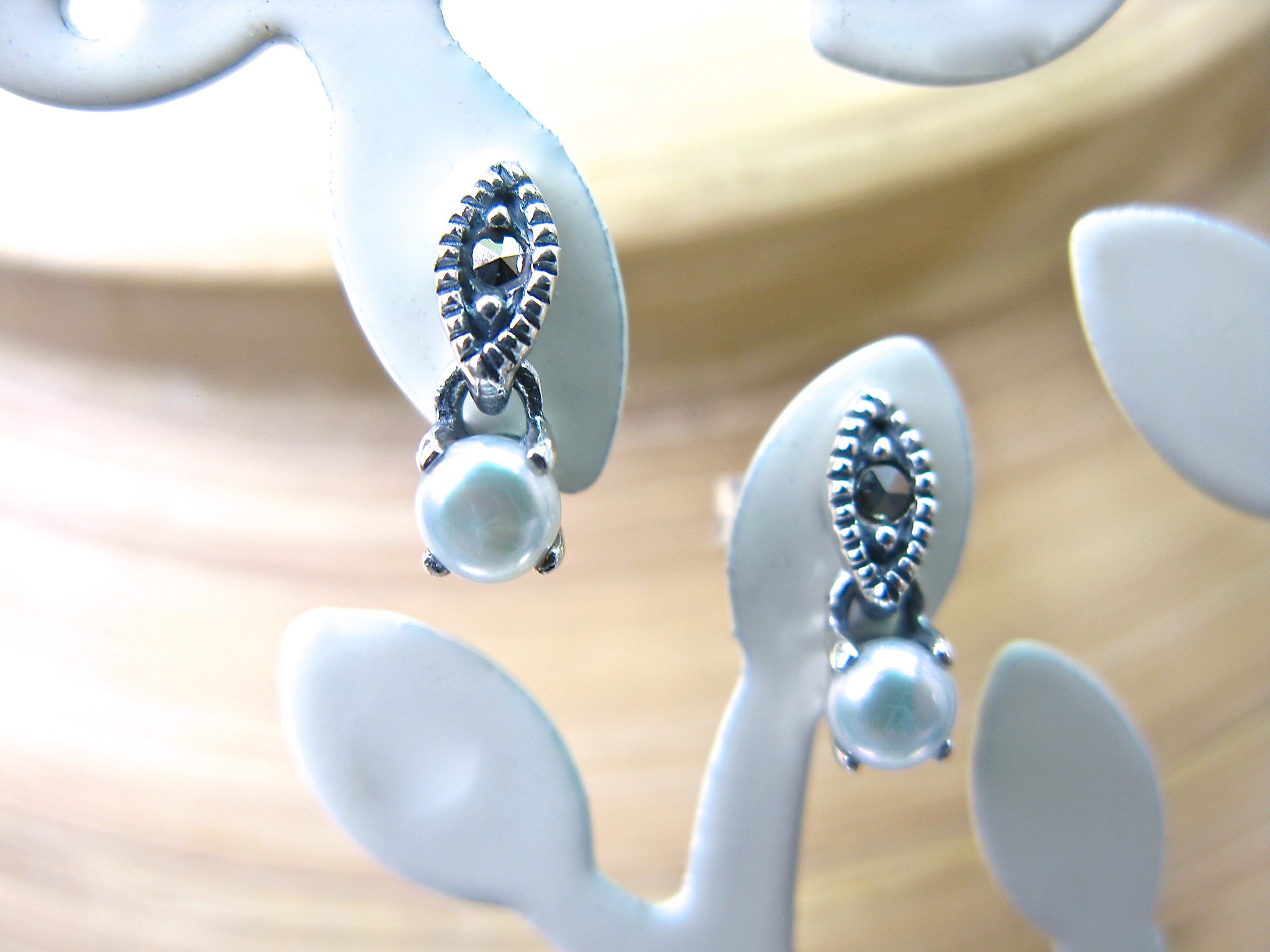 Marcasite Fresh Water Pearl Drop Sterling Silver Stud Earrings
