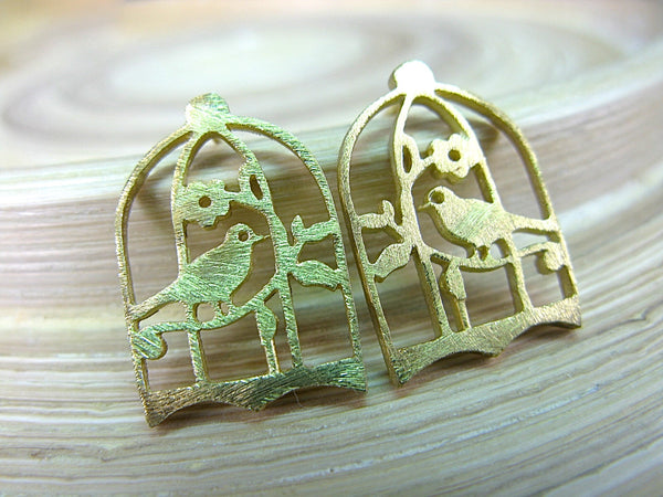 Bird Cage Gold Plated 925 Sterling Silver Post Earrings Stud - Faith Owl