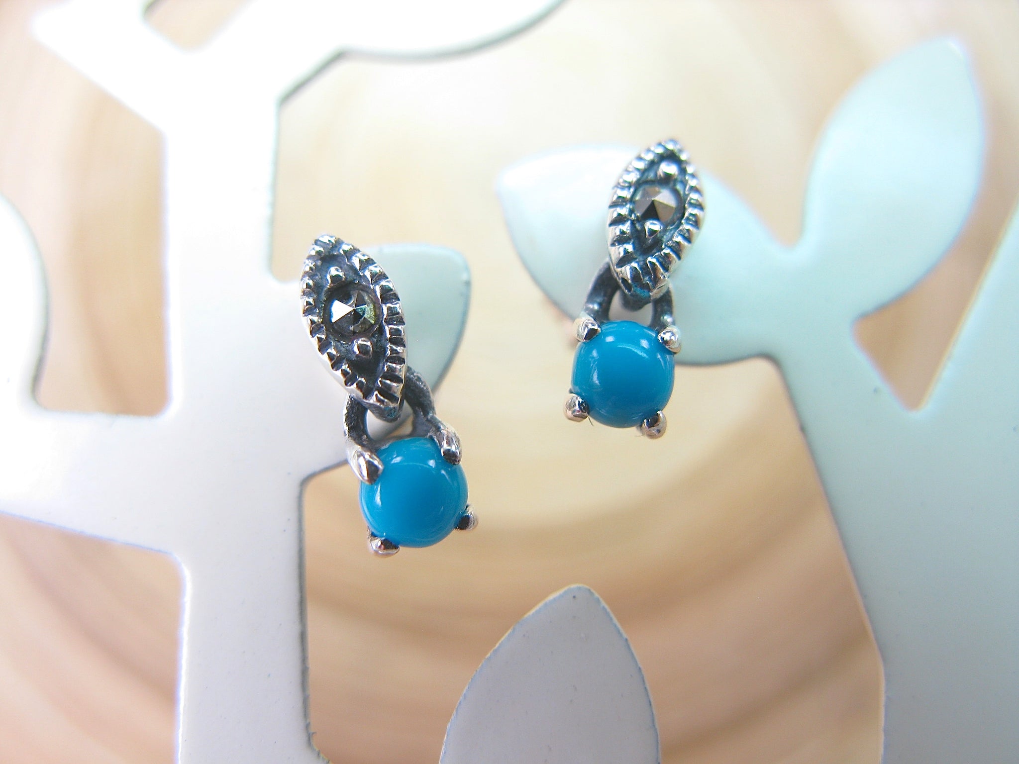 Marcasite Turquoise Drop Sterling Silver Stud Earrings