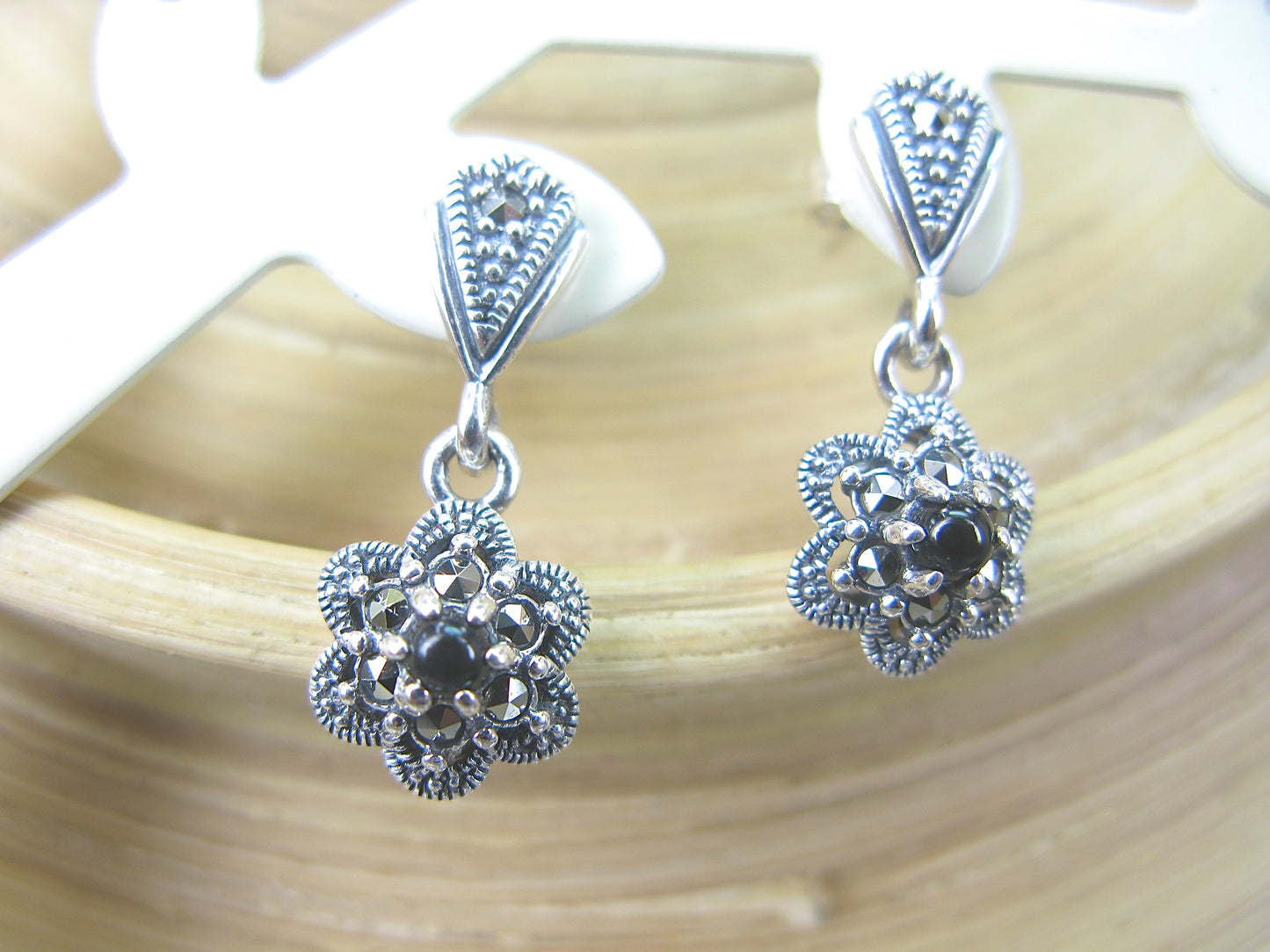 Flower Marcasite Onyx Dangle 925 Sterling Silver Earrings