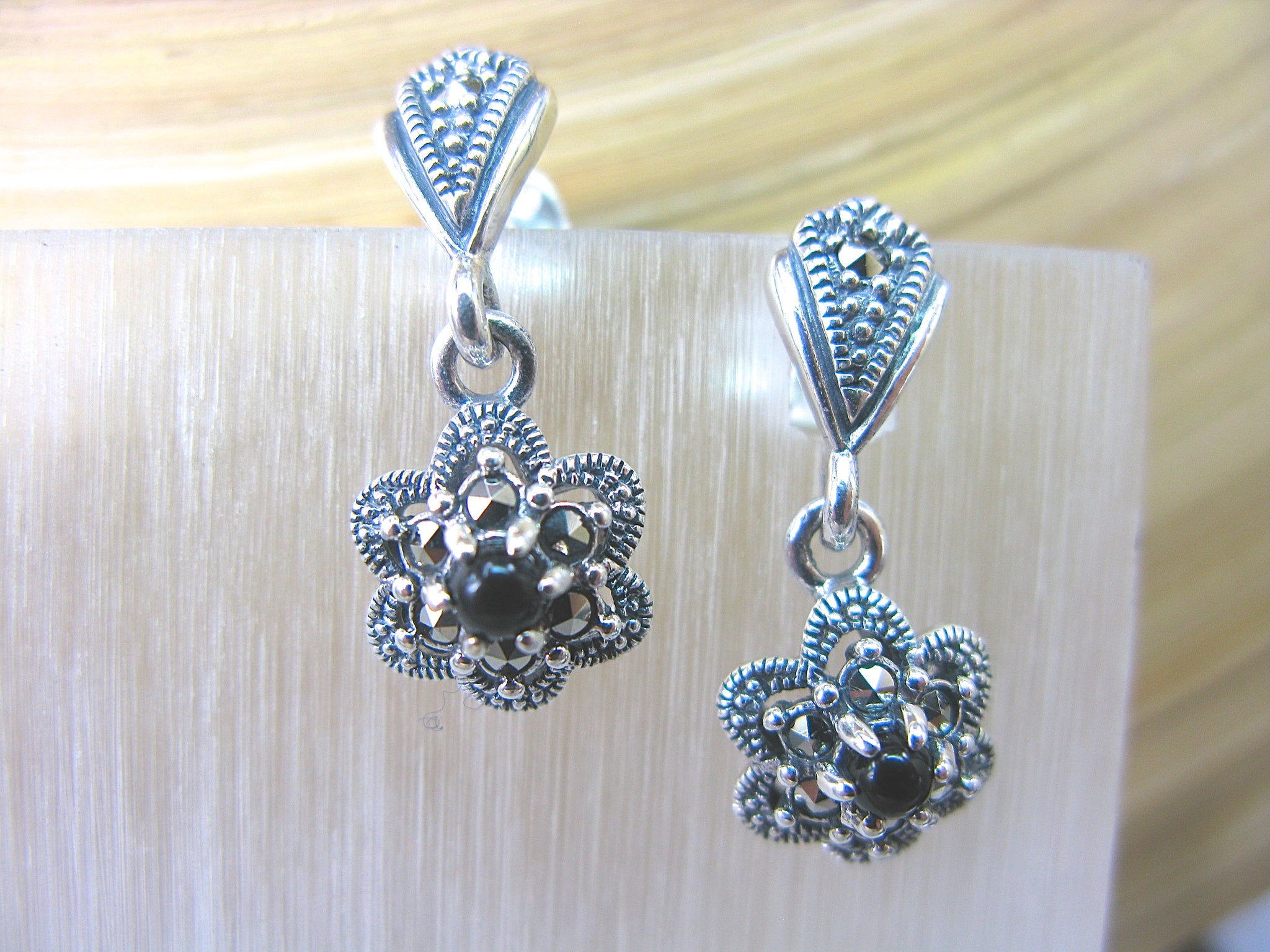 Flower Marcasite Onyx Dangle 925 Sterling Silver Earrings