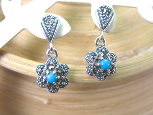 Flower Marcasite Turquoise Dangle 925 Sterling Silver Earrings