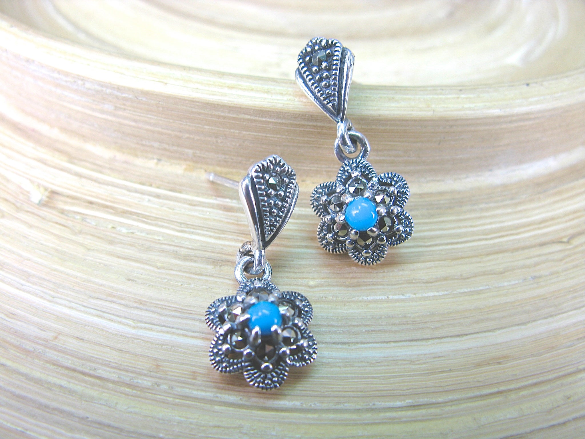 Flower Marcasite Turquoise Dangle 925 Sterling Silver Earrings