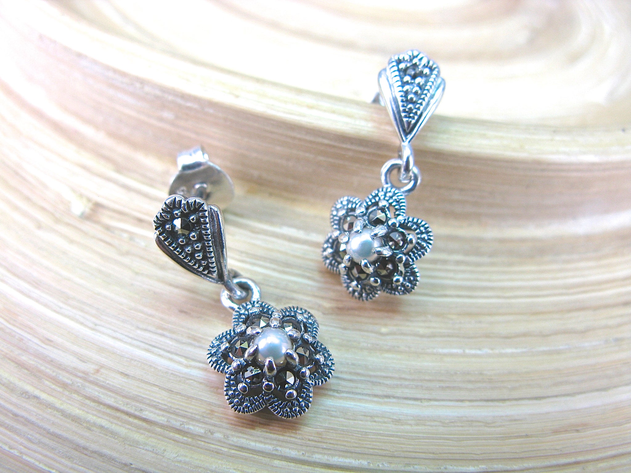 Flower Marcasite Fresh Water Pearl Dangle 925 Sterling Silver Earrings