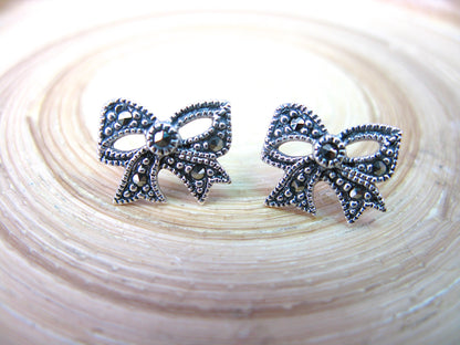 Ribbon Bow Marcasite 925 Sterling Silver Stud Earrings