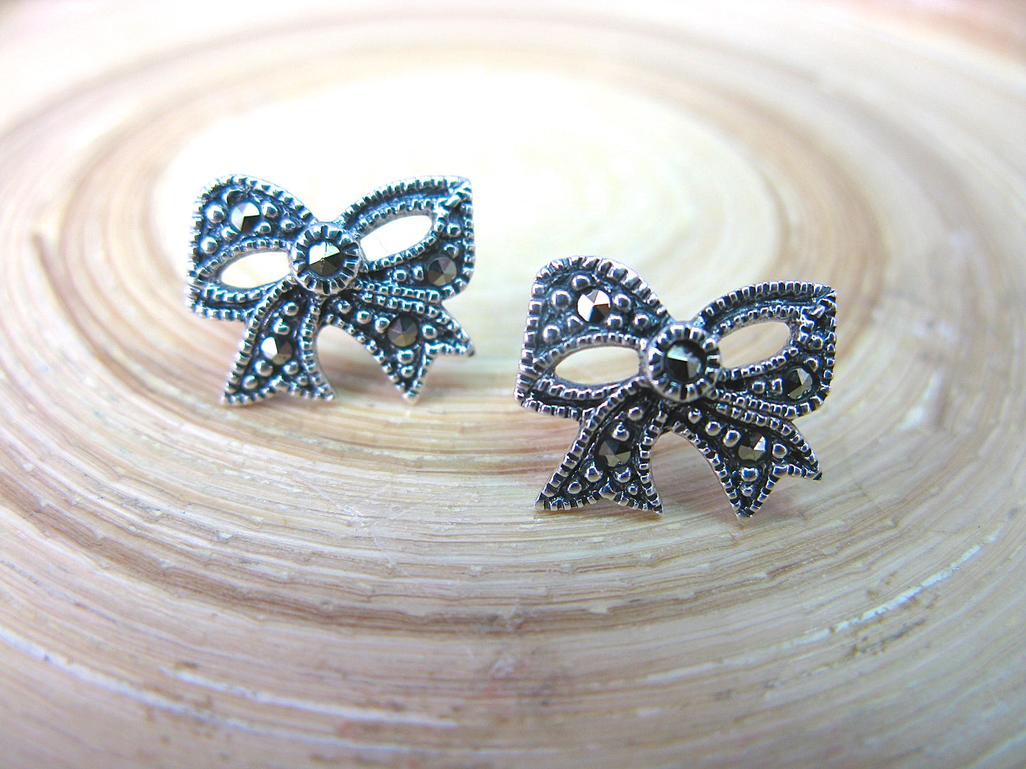 Ribbon Bow Marcasite 925 Sterling Silver Stud Earrings