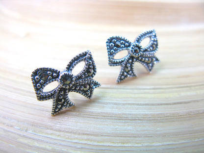 Ribbon Bow Marcasite 925 Sterling Silver Stud Earrings