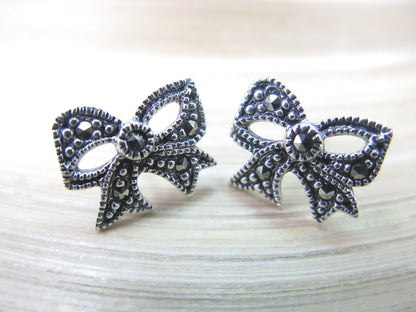 Ribbon Bow Marcasite 925 Sterling Silver Stud Earrings