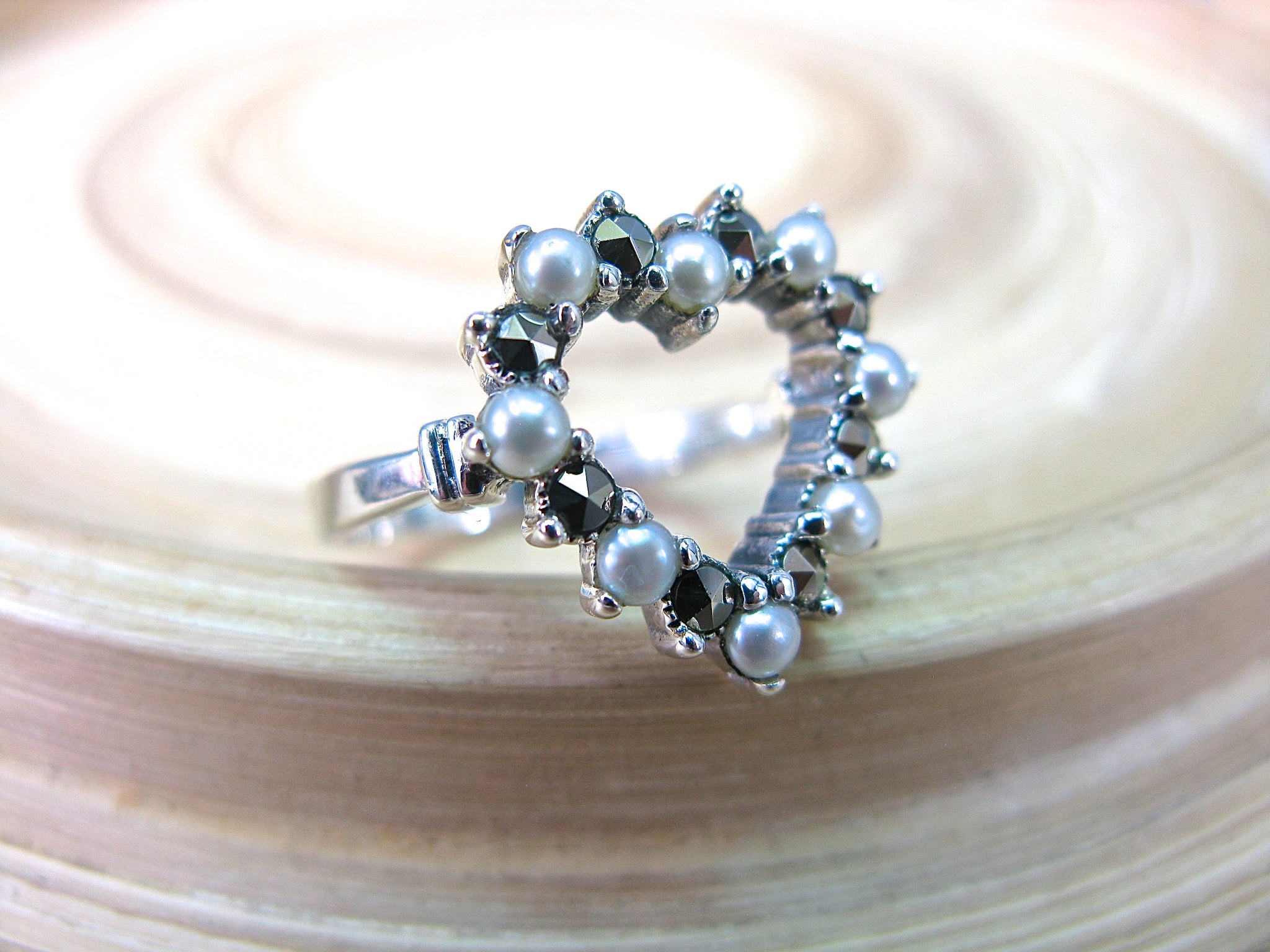 Heart Marcasite Fresh Water Pearl 925 Sterling Silver Ring