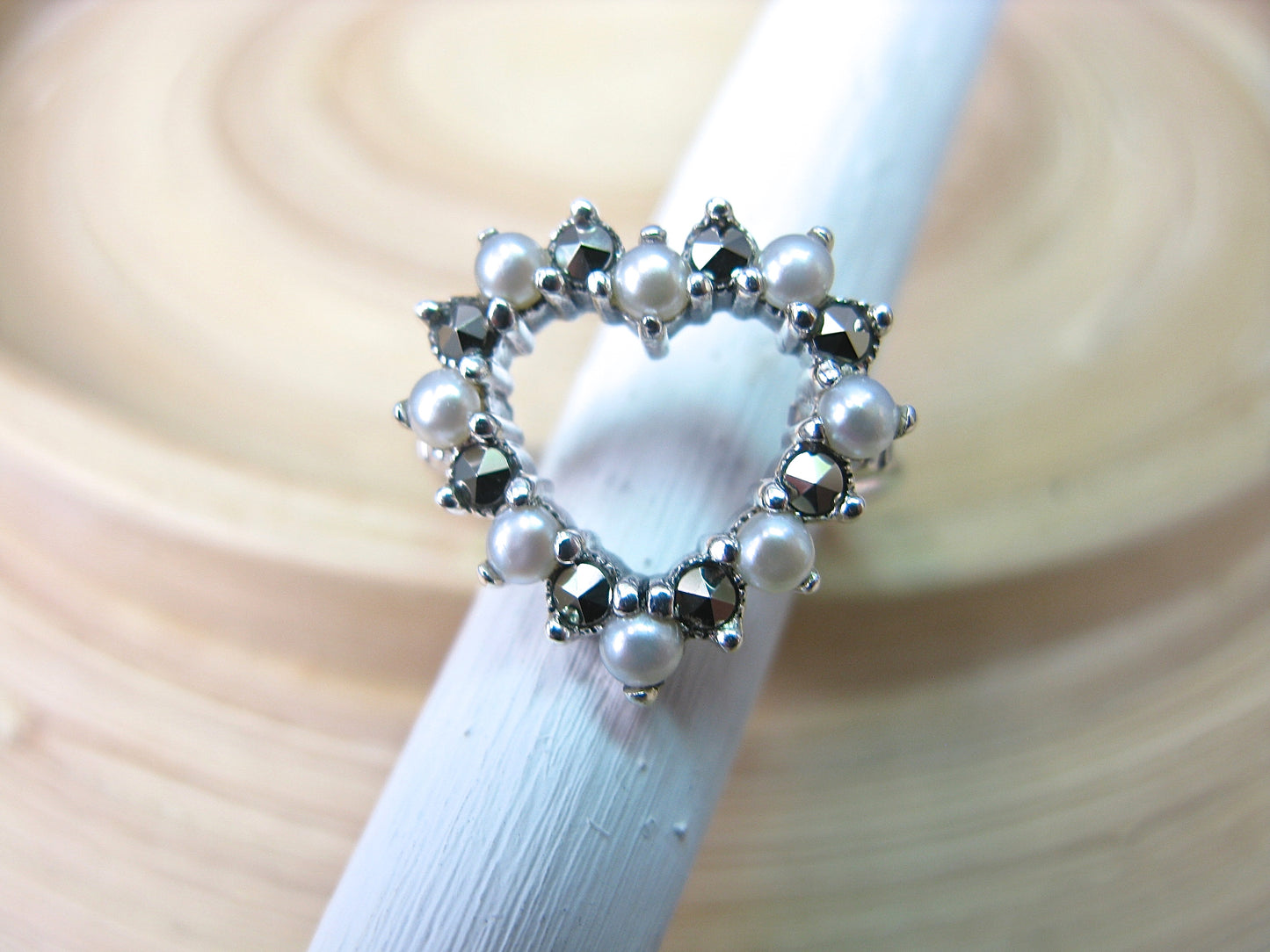 Heart Marcasite Fresh Water Pearl 925 Sterling Silver Ring