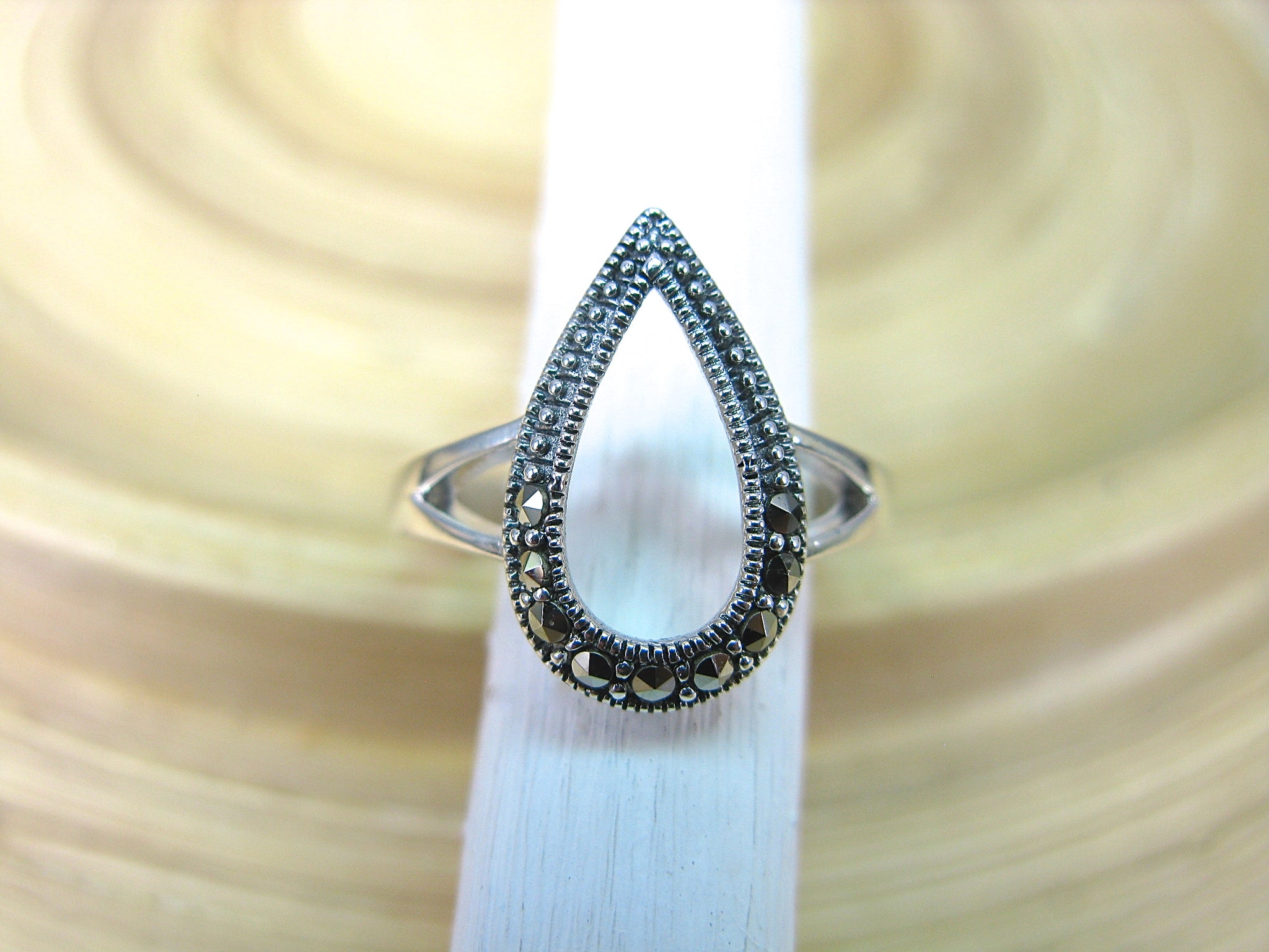 Pear Shaped Water Drop Marcasite Filigree Ring in 925 Sterling Silver