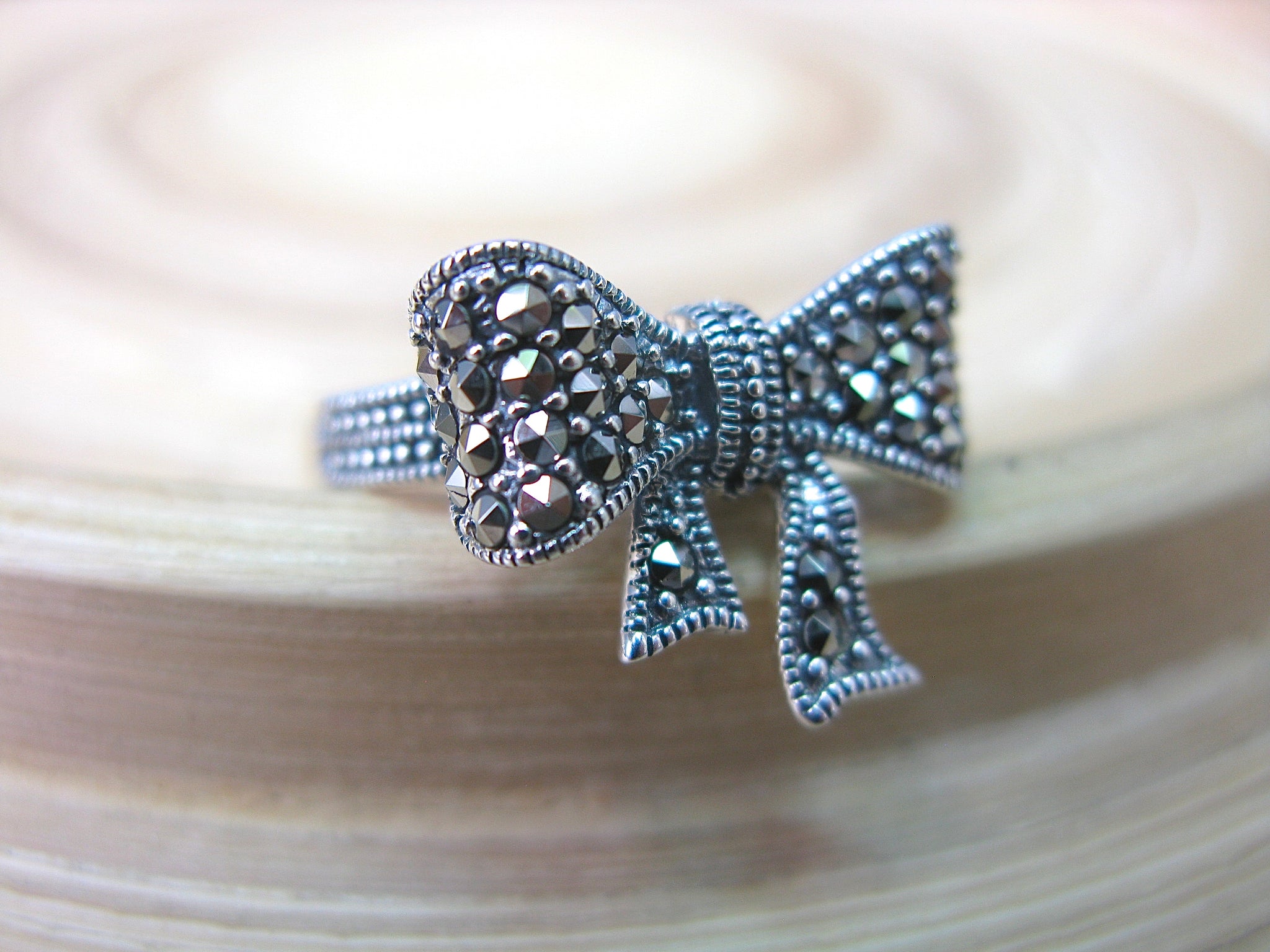 Ribbon Bow Marcasite Vintage Look 925 Sterling Silver Ring