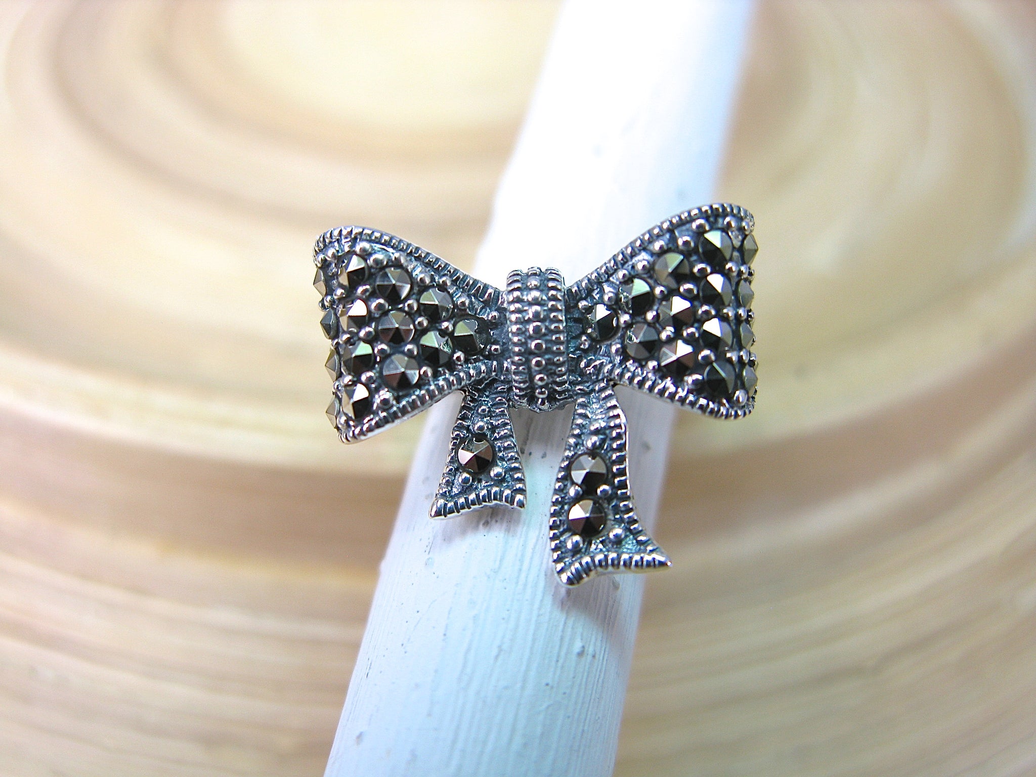 Ribbon Bow Marcasite Vintage Look 925 Sterling Silver Ring