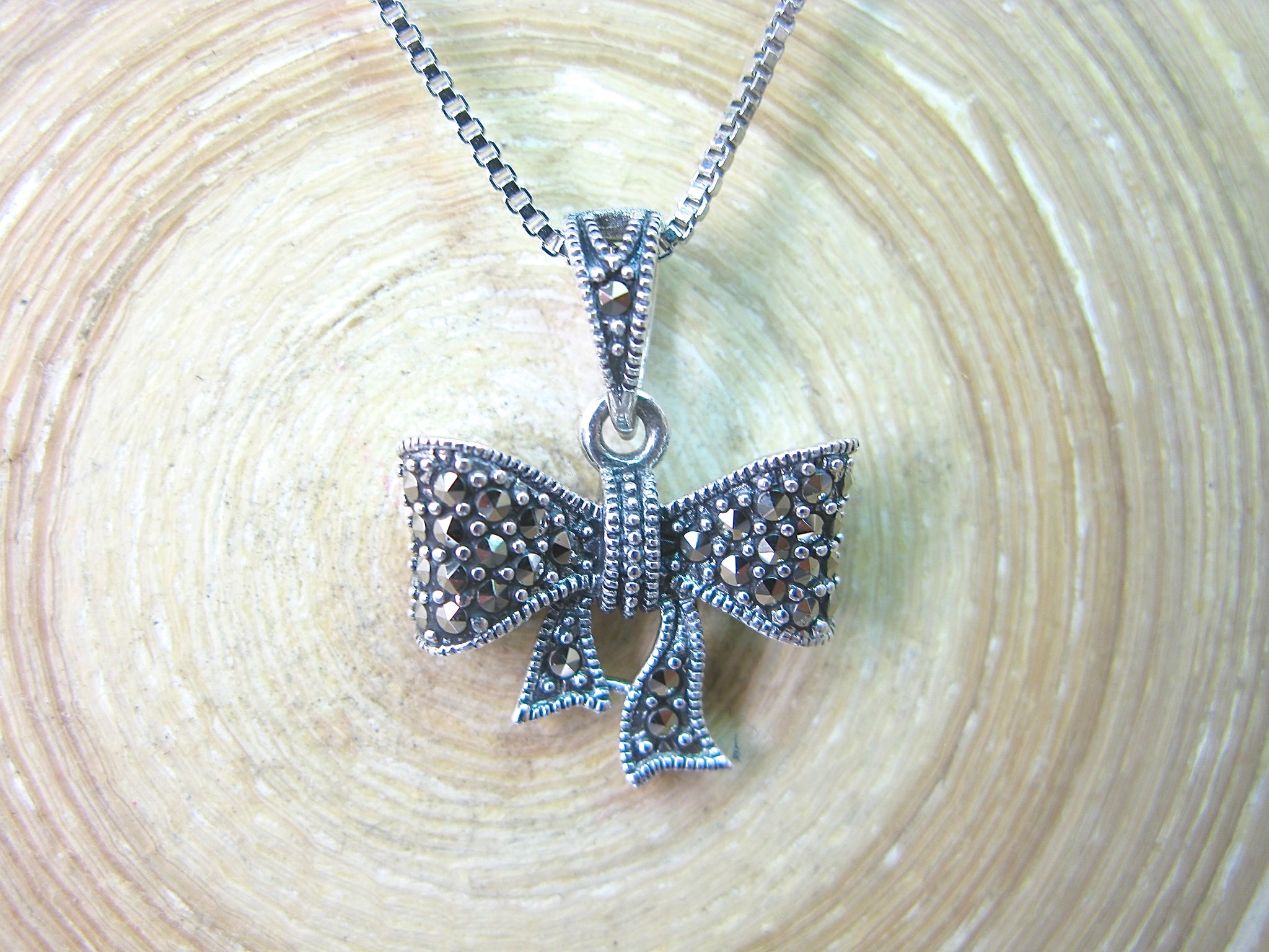 Ribbon Bow Marcasite 925 Sterling Silver Pendant