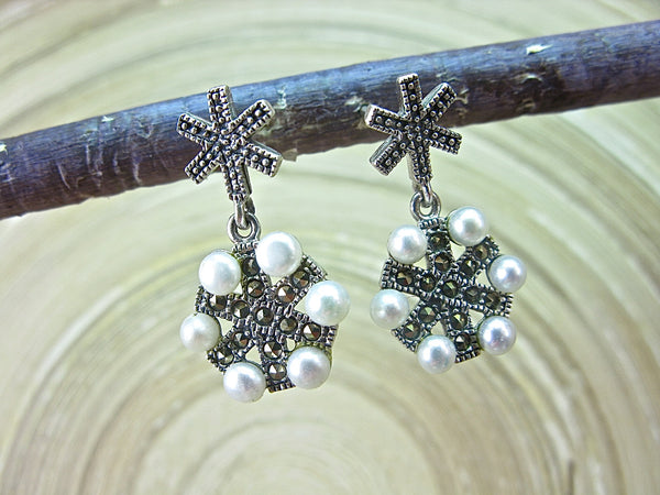 Marcasite Snowflake Vintage Pearl 925 Sterling Silver Earrings Earrings Faith Owl - Faith Owl