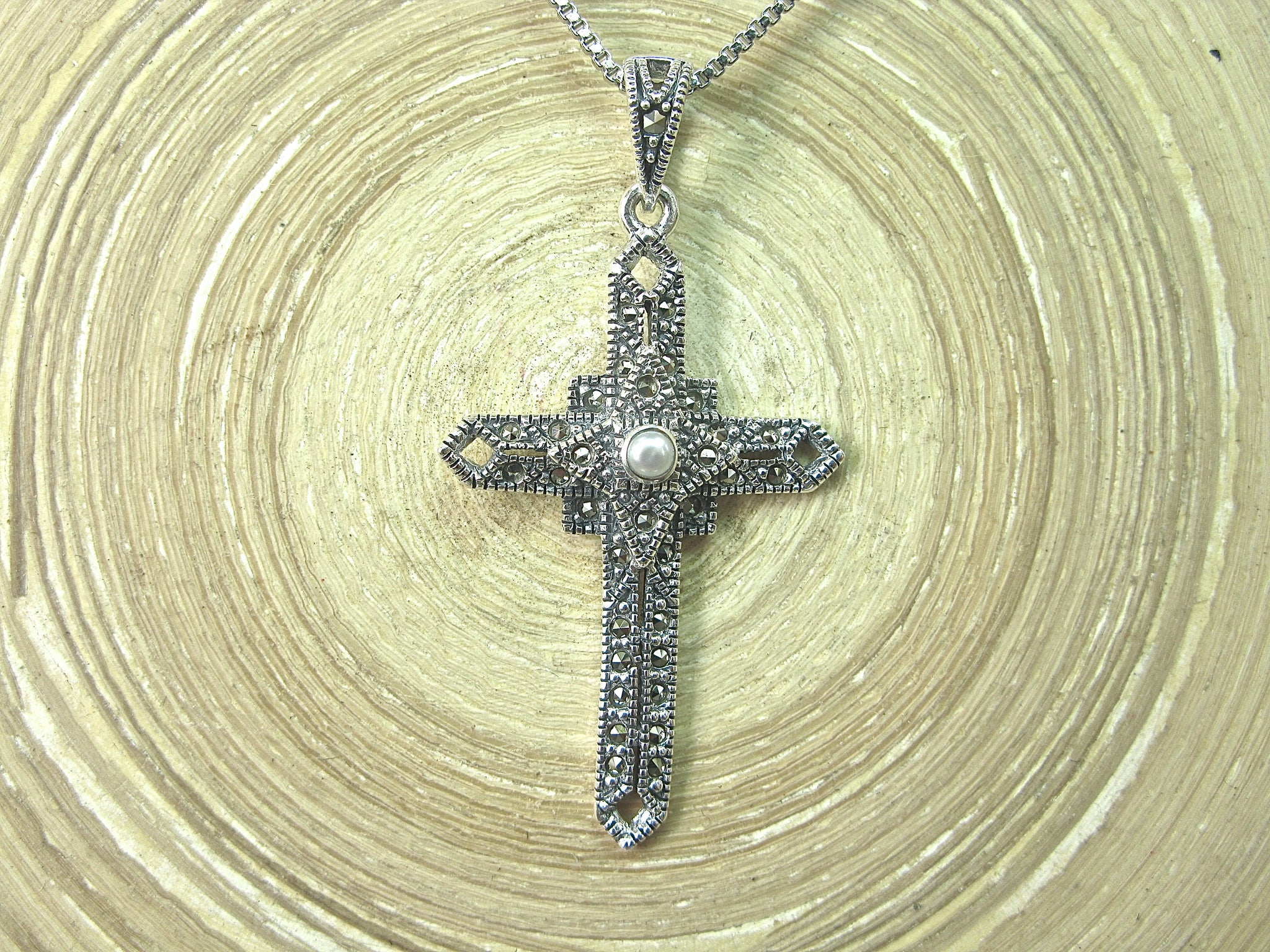 Cross Marcasite Pearl Pendant in 925 Sterling Silver