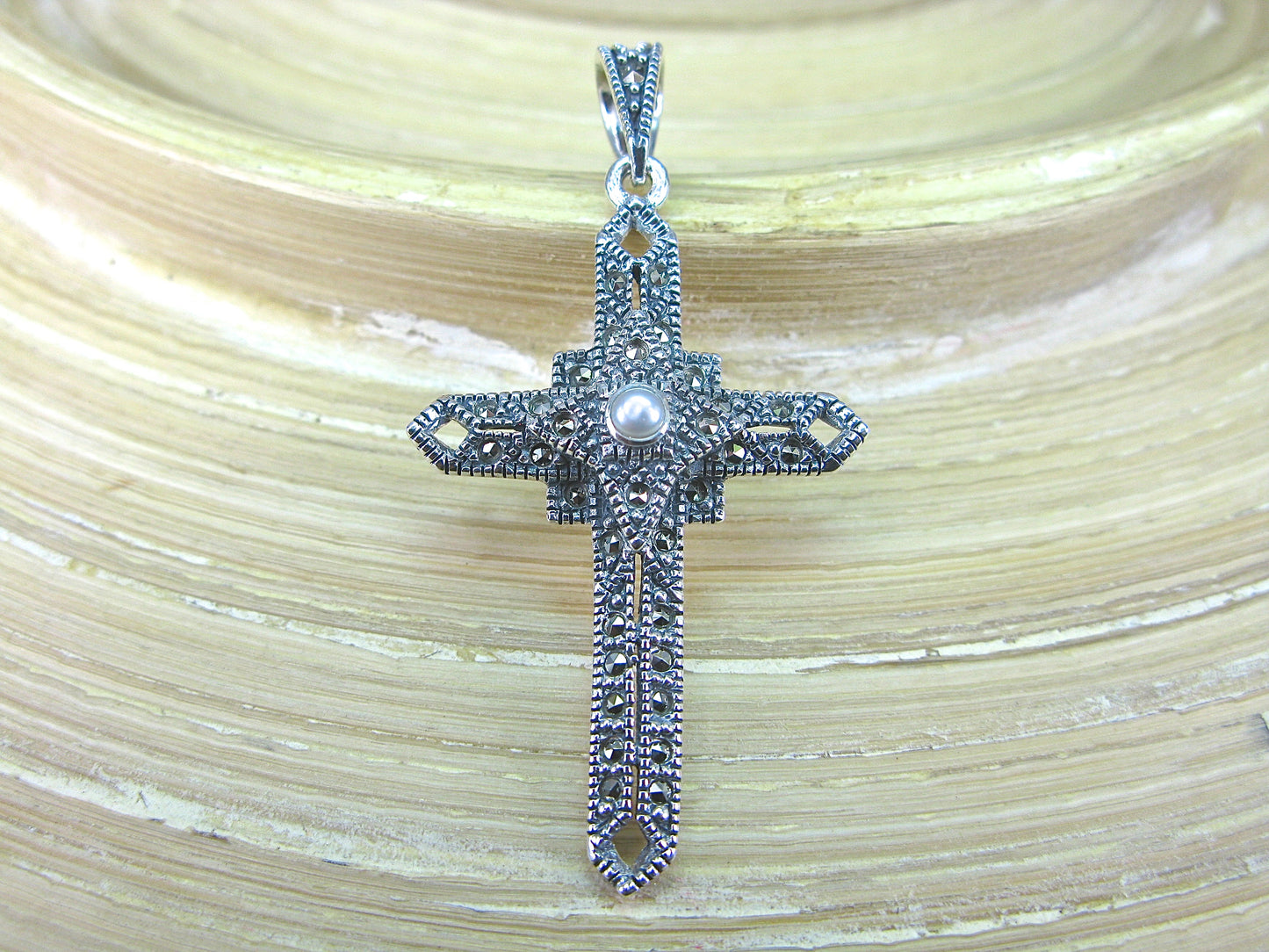 Cross Marcasite Pearl Pendant in 925 Sterling Silver