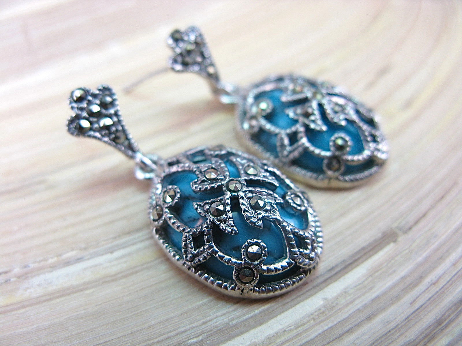 Turquoise Marcasite Filigree Vintage Dangle 925 Sterling Silver Earrings Earrings Faith Owl - Faith Owl