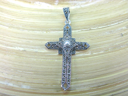 Cross Marcasite Pearl Pendant in 925 Sterling Silver