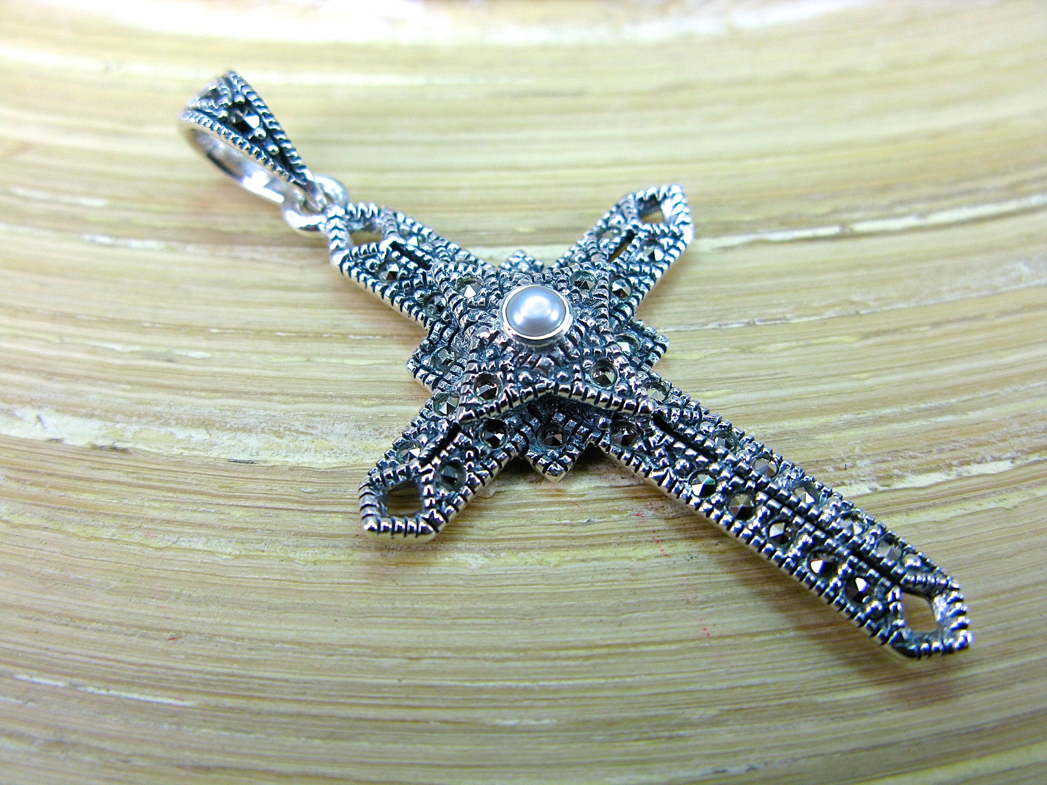 Cross Marcasite Pearl Pendant in 925 Sterling Silver