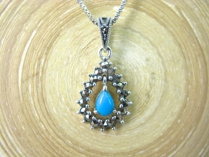 Water Drop Pear Shaped Turquoise Marcasite 925 Sterling Silver Pendant