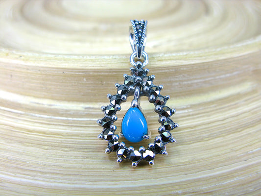 Water Drop Pear Shaped Turquoise Marcasite 925 Sterling Silver Pendant