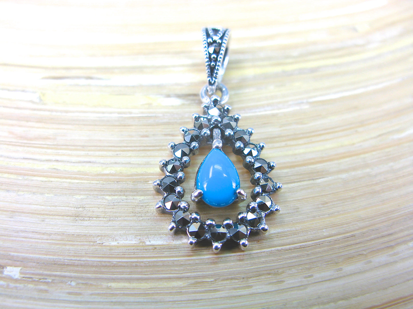 Water Drop Pear Shaped Turquoise Marcasite 925 Sterling Silver Pendant