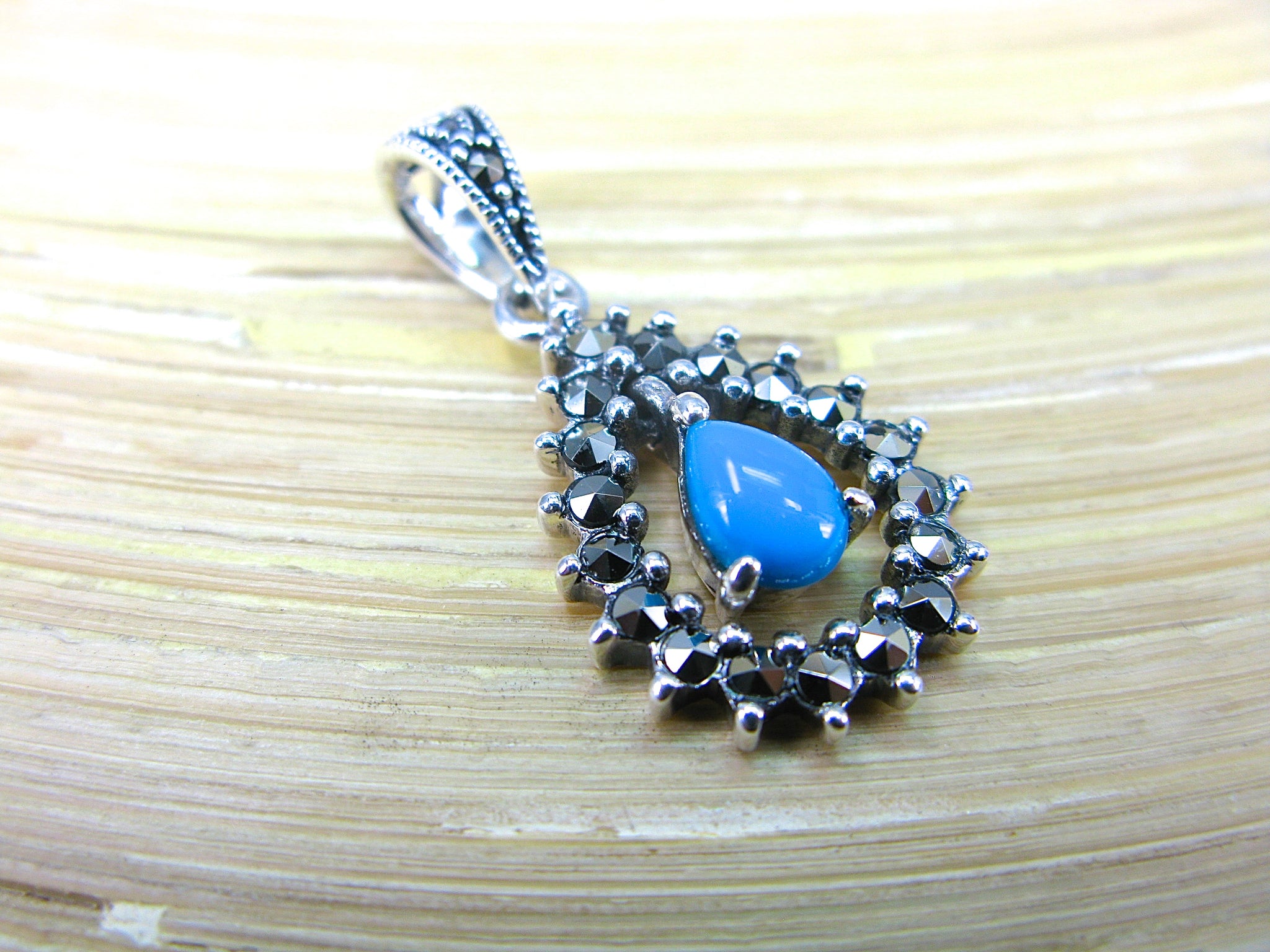 Water Drop Pear Shaped Turquoise Marcasite 925 Sterling Silver Pendant