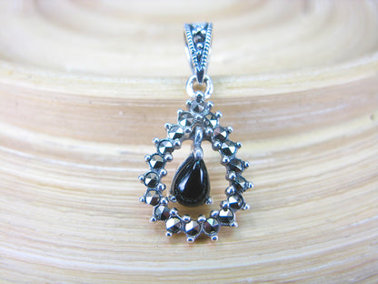 Water Drop Pear Shaped Onyx Marcasite 925 Sterling Silver Pendant