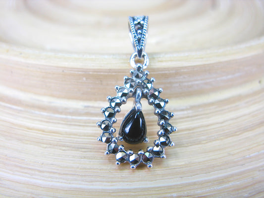 Water Drop Pear Shaped Onyx Marcasite 925 Sterling Silver Pendant