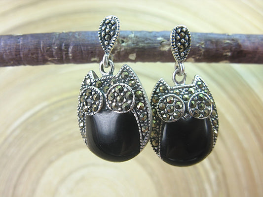 Owl Marcasite Onyx Drop 925 Sterling Silver Earrings Earrings Faith Owl - Faith Owl