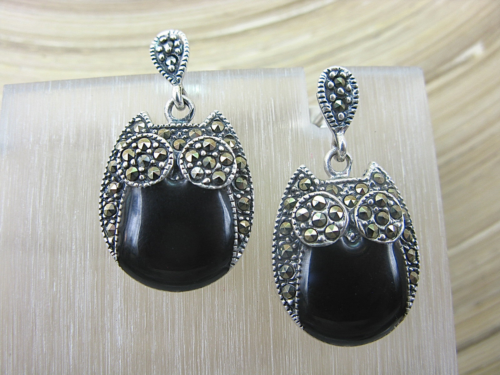 Owl Marcasite Onyx Drop 925 Sterling Silver Earrings Earrings Faith Owl - Faith Owl